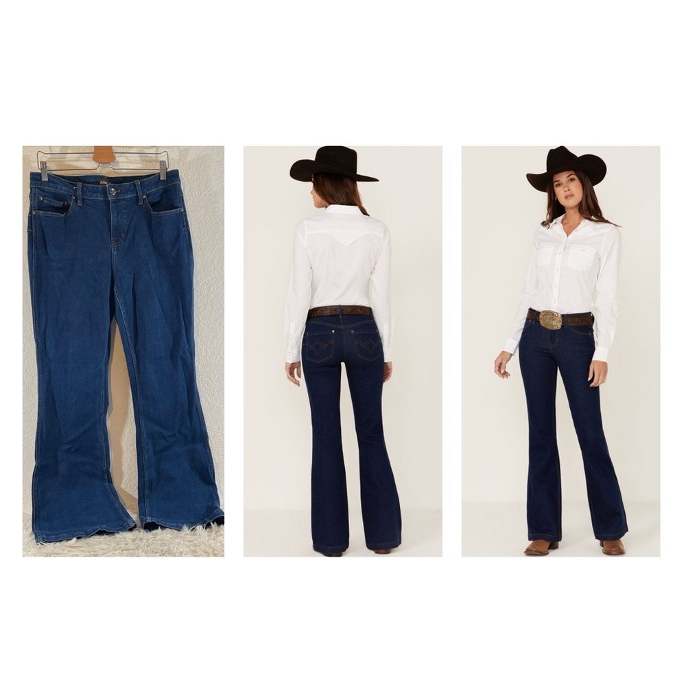 RANK 45 WOMEN'S MID RISE FLARE DARK WASH MID RISE SIGNATURE BACK POCKET 34x34